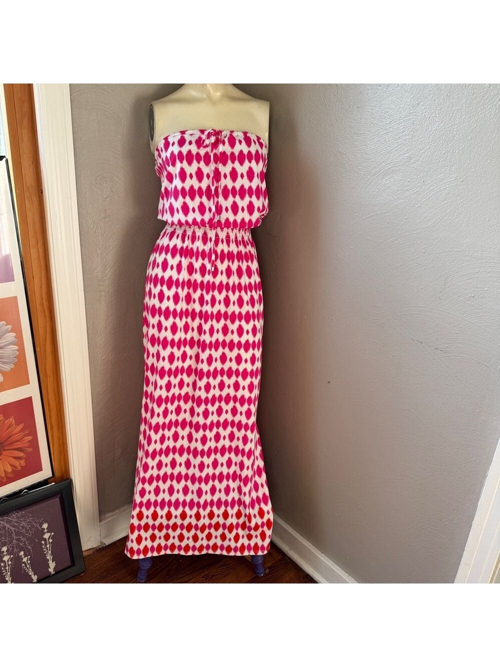 Jude Connally Bria strapless maxi dress in a pink and white ikat print XS